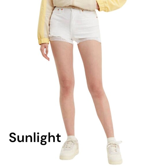 Levi's Original Women High-Rise Jean Shorts SZ 32 Off White Distressed Hems - Picture 15 of 16